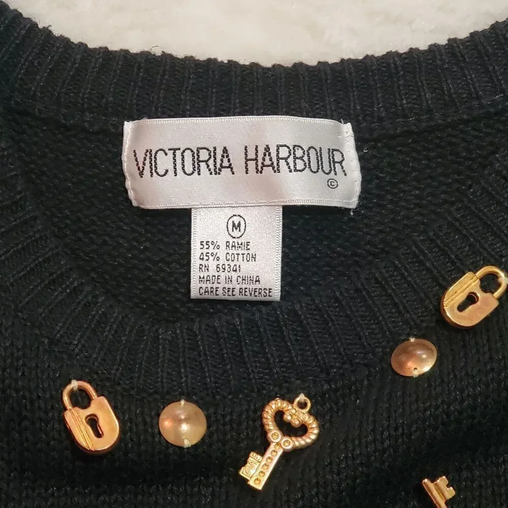 Victoria Harbour Vintage Black Knit Lock and Key Sweater, Size Medium